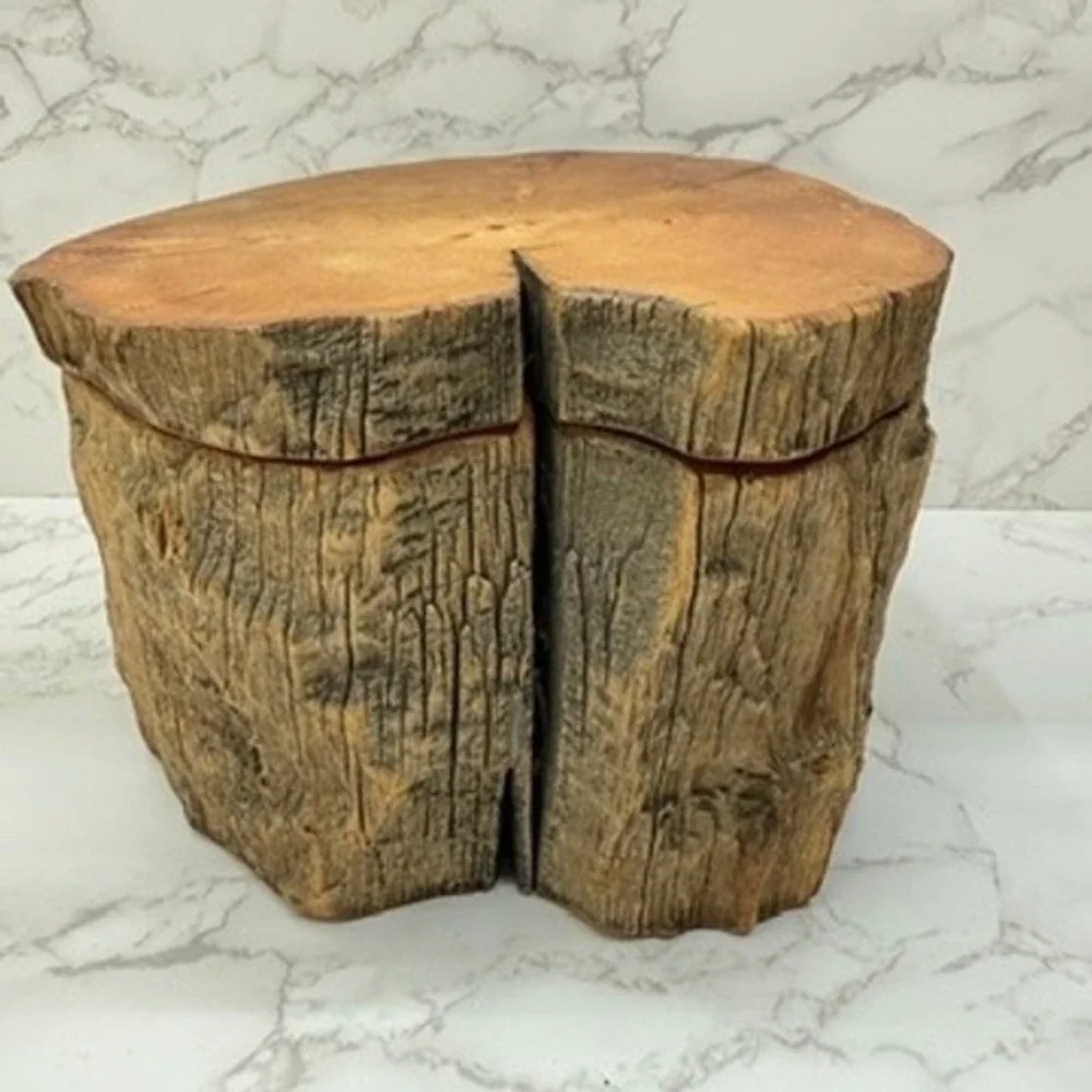 Log Wood Storage Box Hand Carved Trinket Heart Shaped Lined‎ Jewelry Keepsake